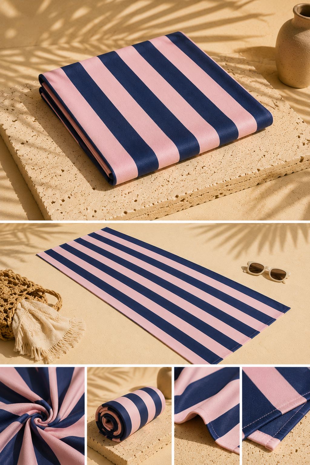 Serviette de plage Iris – Rayures rose poudré & bleu marine
