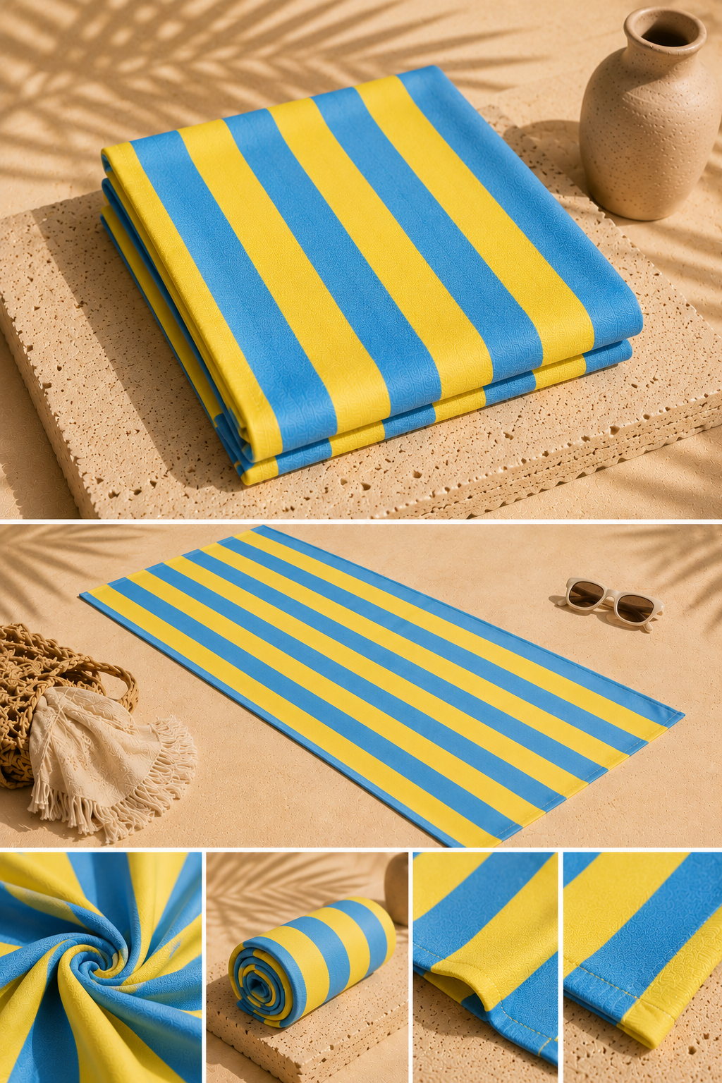 Serviette de plage Jade – Rayures bleu & jaune