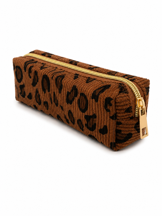 Trousse léopard en velours côtelé – Marron