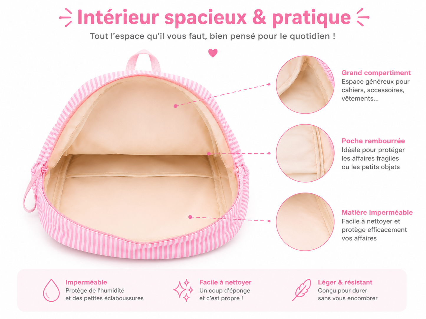 Sac à dos rayé rose pastel