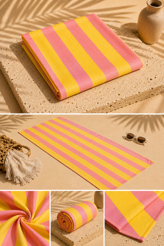 Serviette de plage Capucine – Rayures rose & jaune