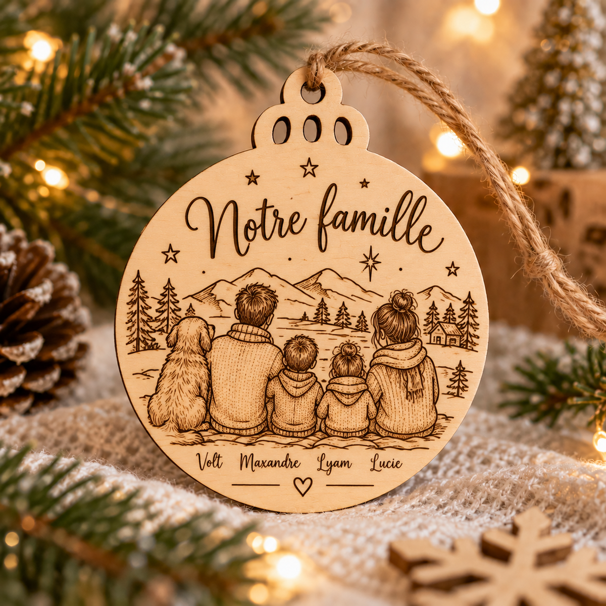 Boule de Noël en bois personnalisable – Portrait de famille