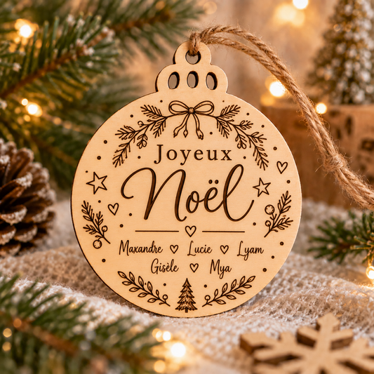 Boule de Noël en bois personnalisable – Prénoms de famille
